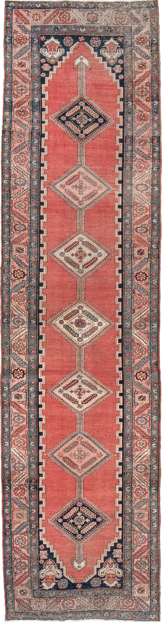 3' x 12' one-of-a-kind handmade vintage Serapi runner rug. Color palette: gray, pink, red, off-white, light gray, black
