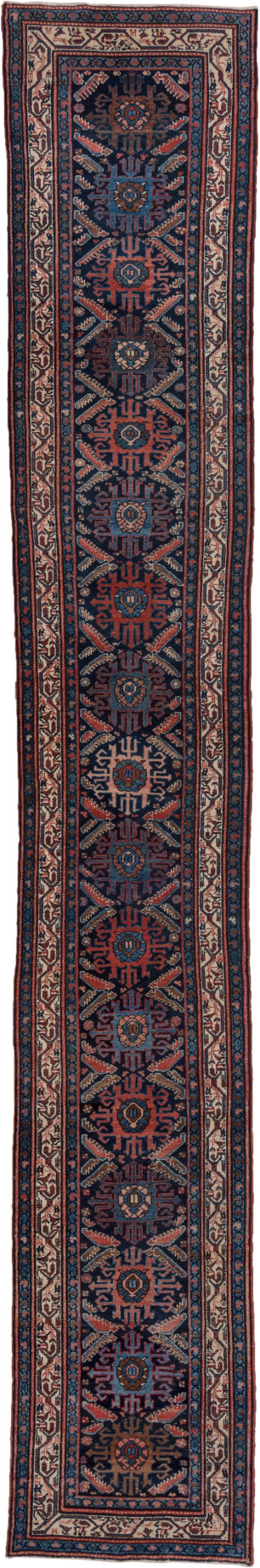 2' x 16' one-of-a-kind handmade vintage Malayer runner rug. Color palette: blue, brown, gray, off-white, pink, red, redwood