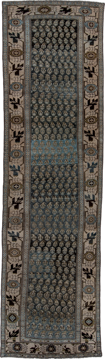12' x 3' one-of-a-kind handmade vintage NW Persian rug. Color palette: black, blue, charcoal, dim gray, gray