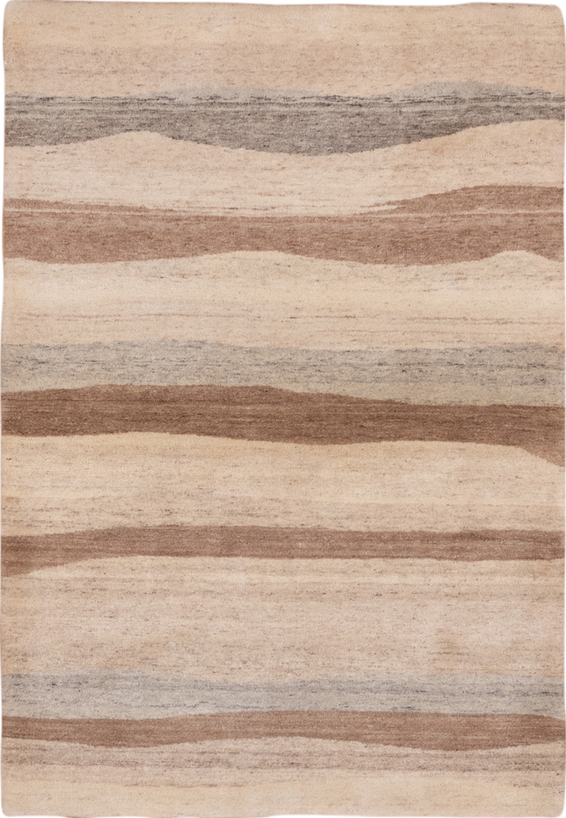 4' x 6' one-of-a-kind handmade vintage  small size rug. Color palette: gray, pink, brown, light gray, off-white, orange