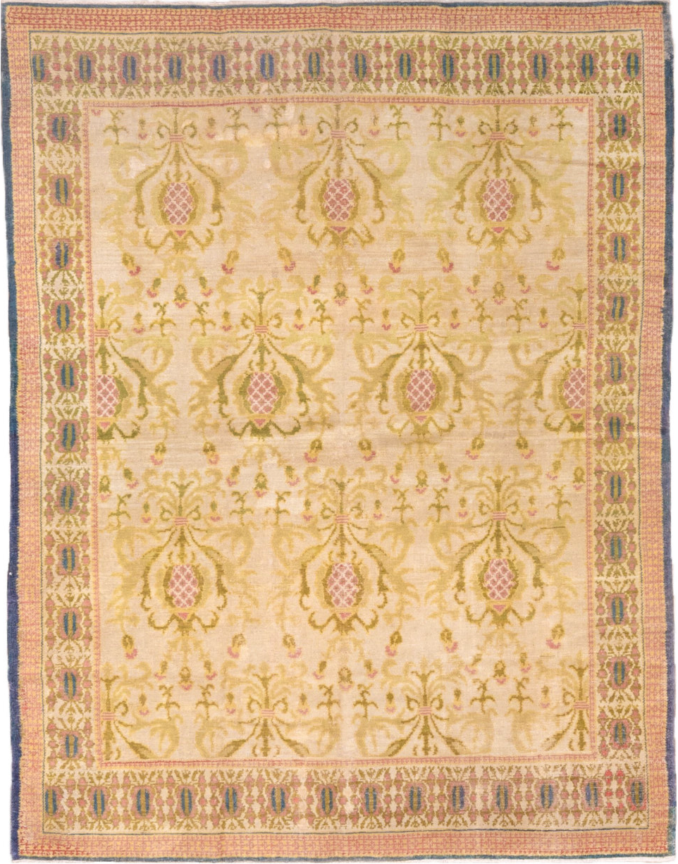 5' x 7' one-of-a-kind handmade vintage Spanish rug. Color palette: brown, gray, navajo white, off-white, orange, peach puff