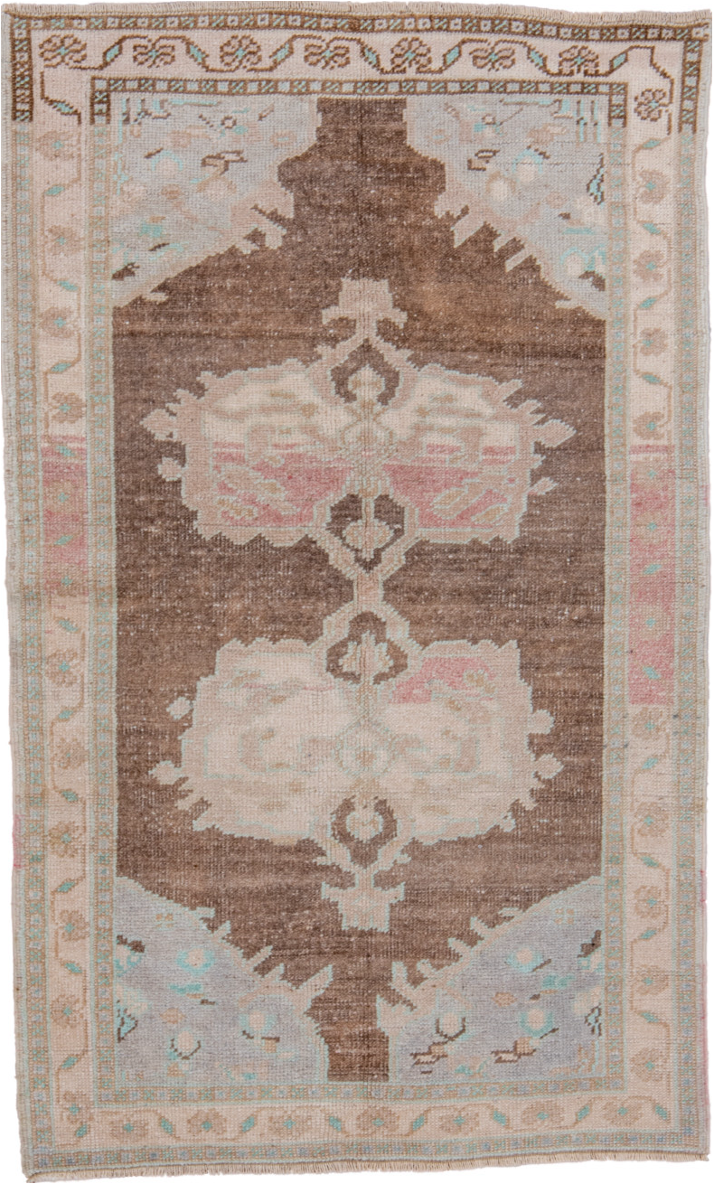 3' x 5' one-of-a-kind handmade vintage Oushak small size rug. Color palette: brown, dark gray, gray, light gray, off-white