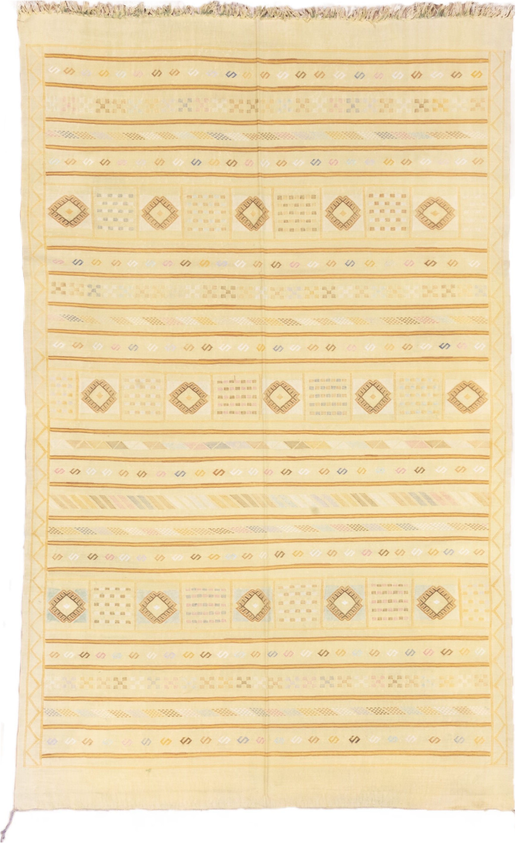 5' x 8' one-of-a-kind handmade vintage Cactus Kilim medium size rug. Color palette: brown, yellow, off-white, orange