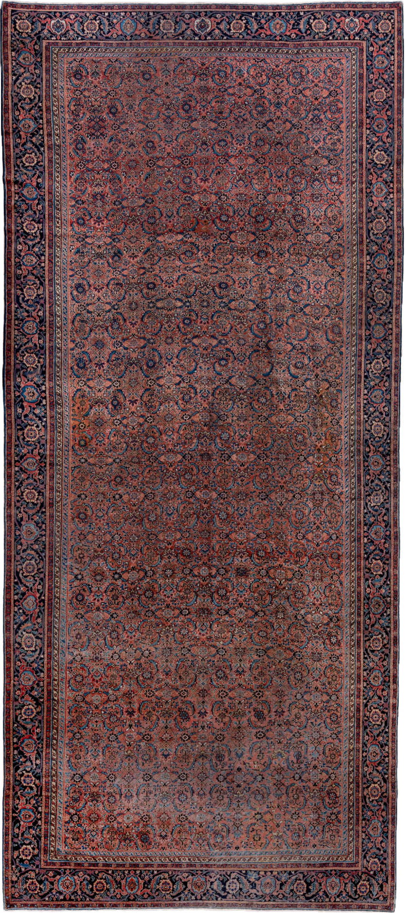 7' x 16' one-of-a-kind handmade vintage Karabagh rug. Color palette: black, blue, brown, gray, pink, red