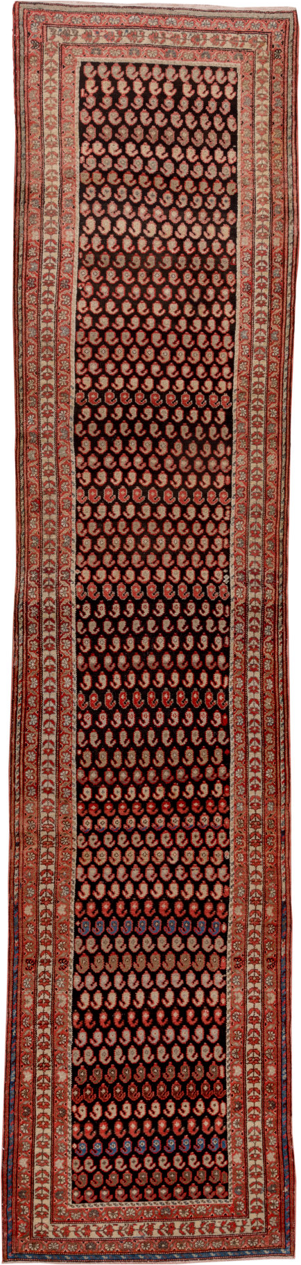 3' x 14' one-of-a-kind handmade vintage Malayer runner rug. Color palette: black, blue, brown, gray, maroon, pink, red