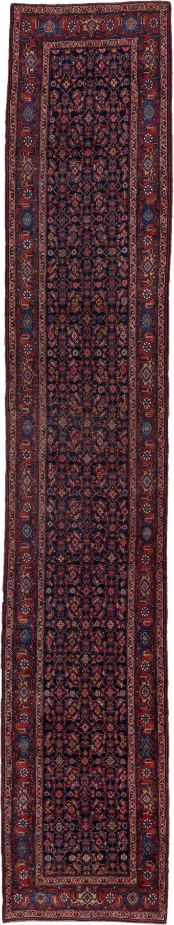 3' x 16' one-of-a-kind handmade vintage Bidjar runner rug. Color palette: blue, brown, gray, off-white, pink, red, redwood