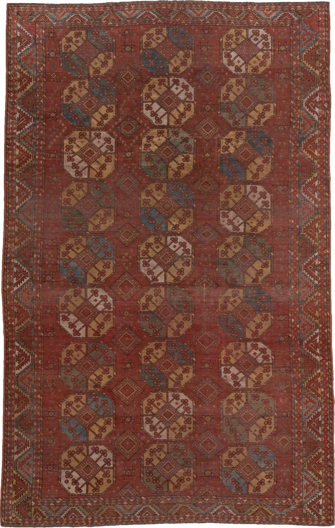 7' x 11' one-of-a-kind handmade vintage Afghan large size rug. Color palette: brown, gray, pink, red