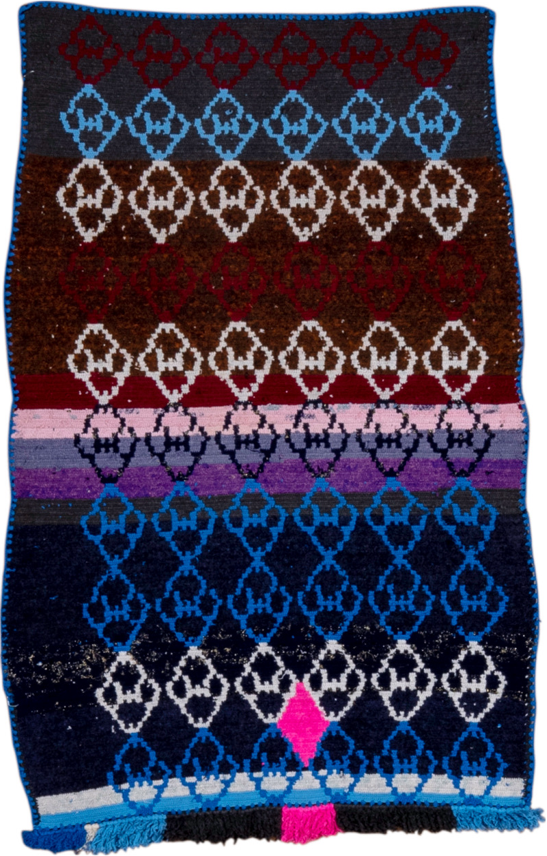 3' x 4' one-of-a-kind handmade vintage Rag Rug small size rug. Color palette: black, blue, dark gray, gray, light gray