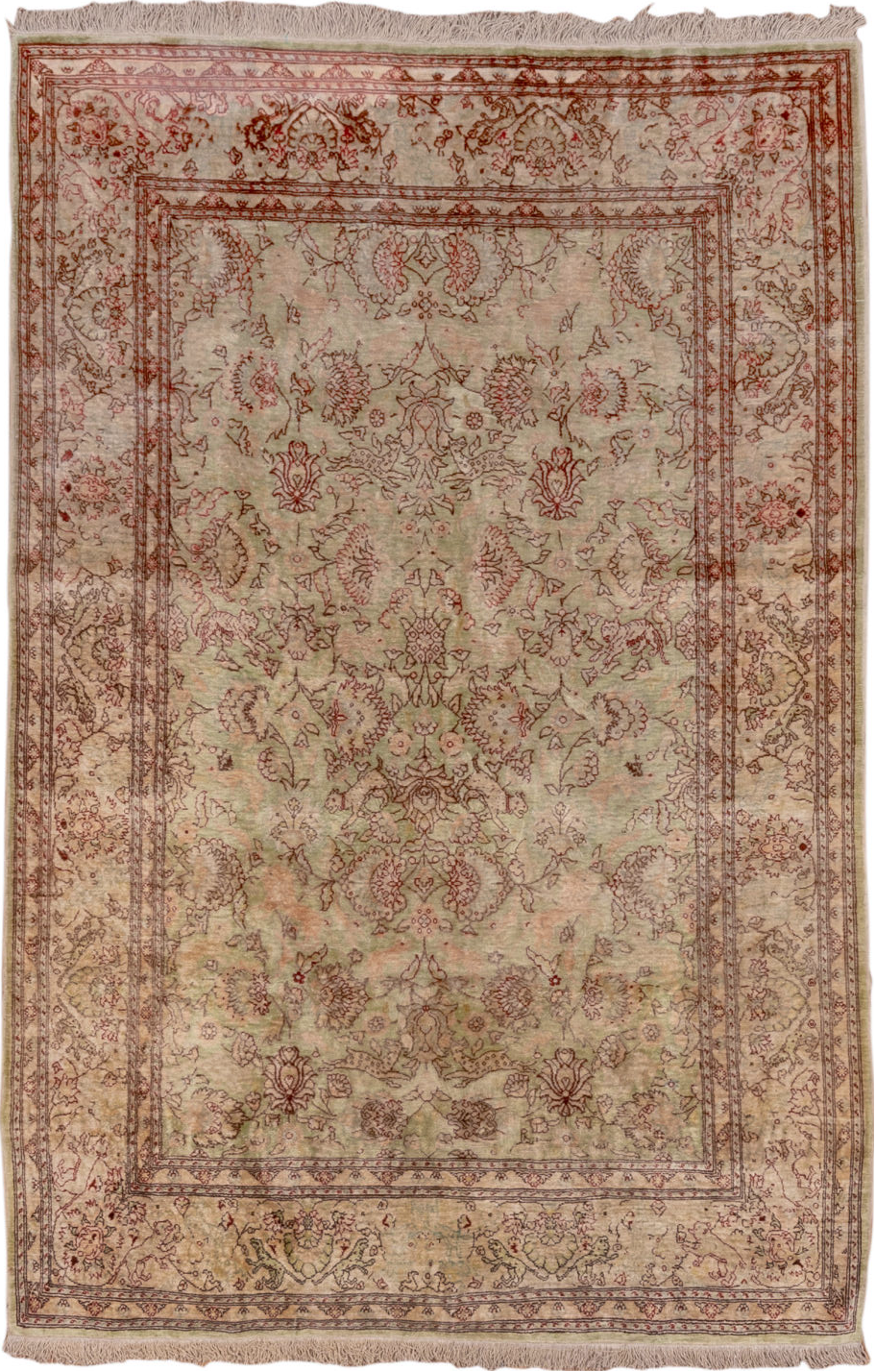 4' x 5' one-of-a-kind handmade vintage Hereke small size rug. Color palette: brown, gray, pink