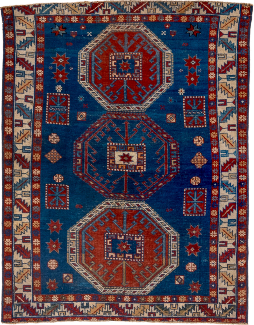 3' x 4' one-of-a-kind handmade vintage Shirvan small size rug. Color palette: arapawa, blue, brown, dim gray, gray, red