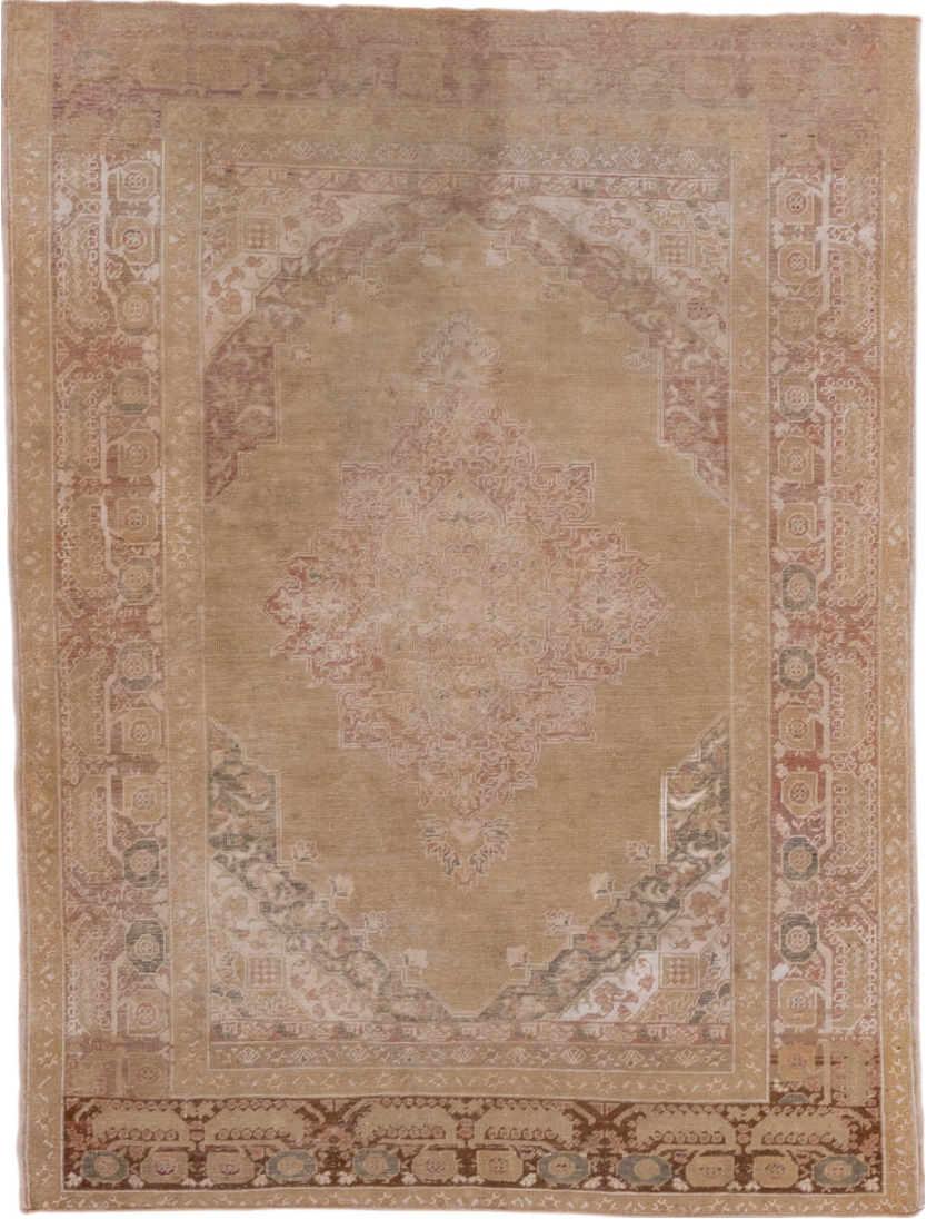 4' x 5' one-of-a-kind handmade vintage Kaisary small size rug. Color palette: brown, gray, light gray, off-white, pink, snow