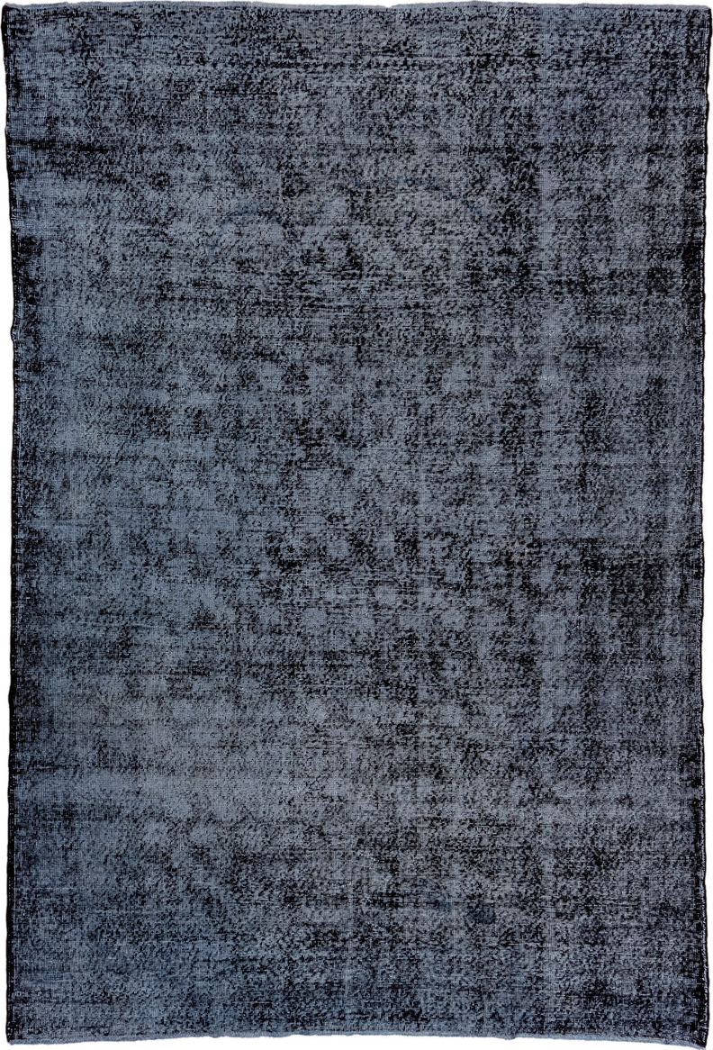 7' x 10' one-of-a-kind handmade vintage Overdyed large size rug. Color palette: gray, blue, light blue, light gray