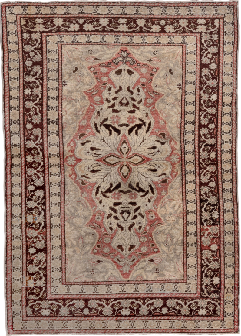 4' x 5' one-of-a-kind handmade vintage Oushak small size rug. Color palette: brown, gray, light gray, pink, red, redwood