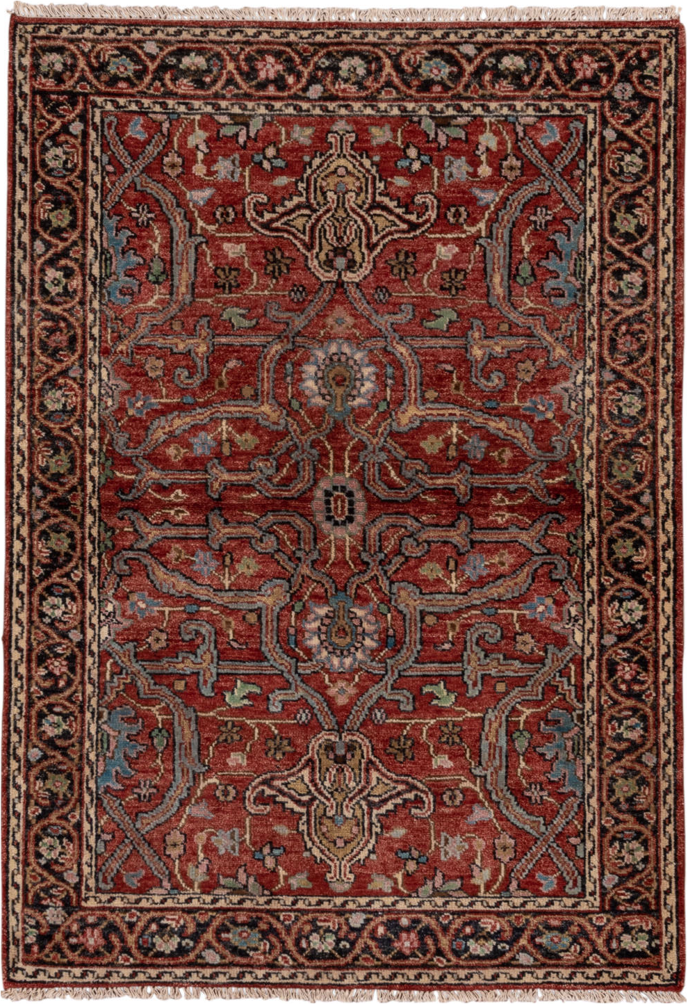4' x 6' one-of-a-kind handmade vintage Heriz small size rug. Color palette: black, brown, dim gray, gray, pink, red, redwood