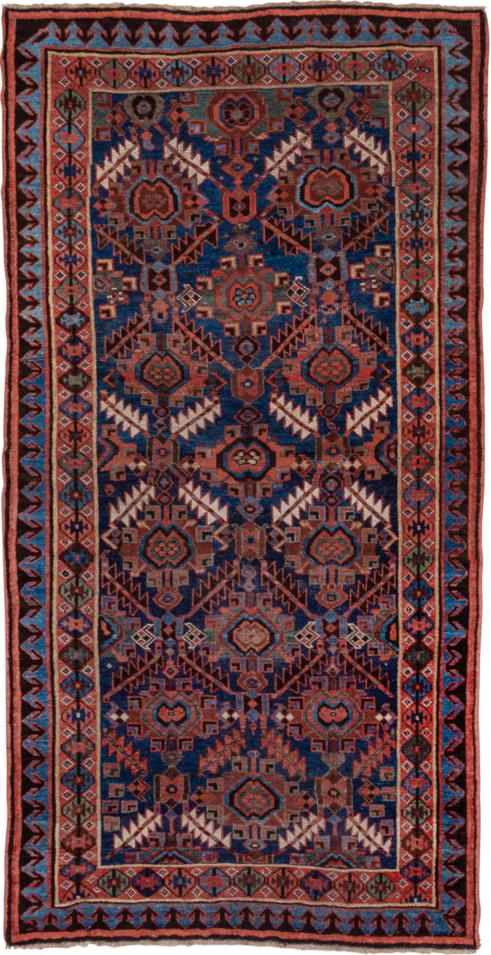 4' x 7' one-of-a-kind handmade vintage NW Persian rug. Color palette: blue, brown, fiord, gray, pink, red, slate gray