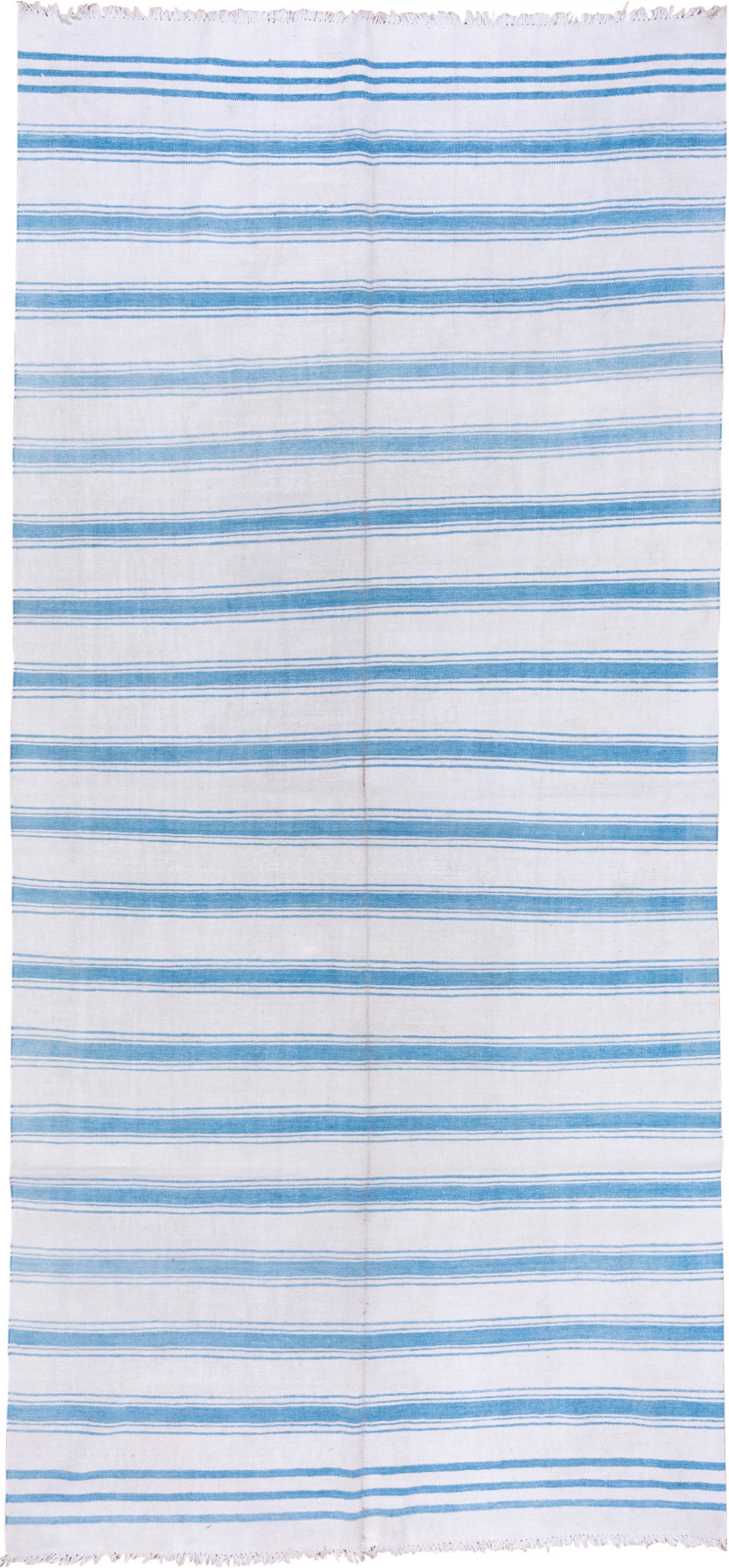 6' x 13' one-of-a-kind handmade vintage Dhurrie large size rug. Color palette: blue, gainsboro, gray, light blue, light gray