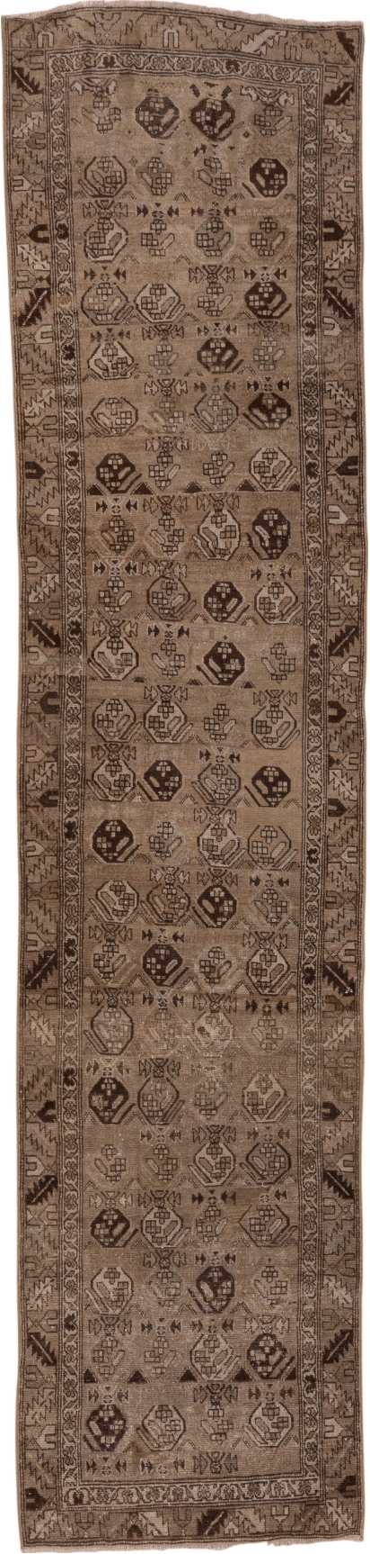 3' x 13' one-of-a-kind handmade vintage NW Persian runner rug. Color palette: brown, off-white, pink, snow, white