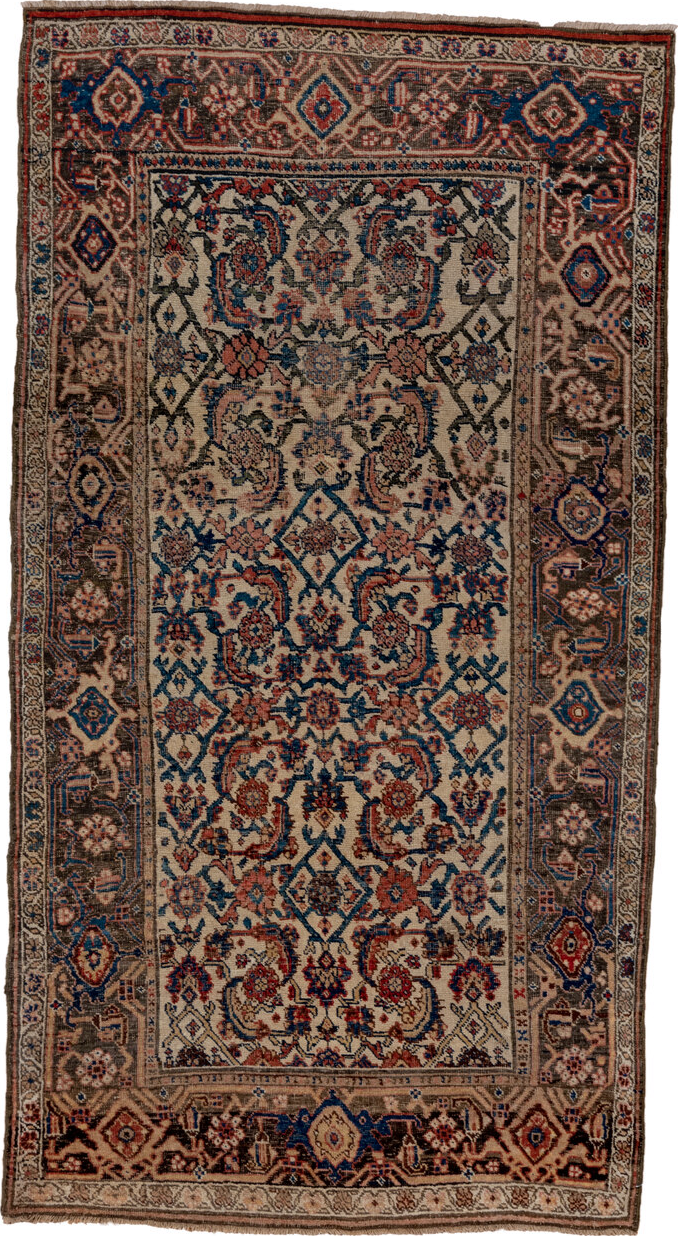 4' x 7' one-of-a-kind handmade vintage Bidjar rug. Color palette: brown, red, gray, black, blue, redwood