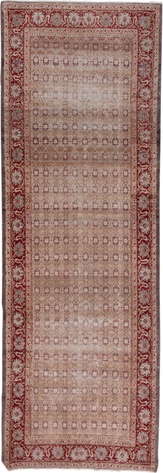 3' x 10' one-of-a-kind handmade vintage Sivas runner rug. Color palette: brown, gray, light gray, off-white, pink, red