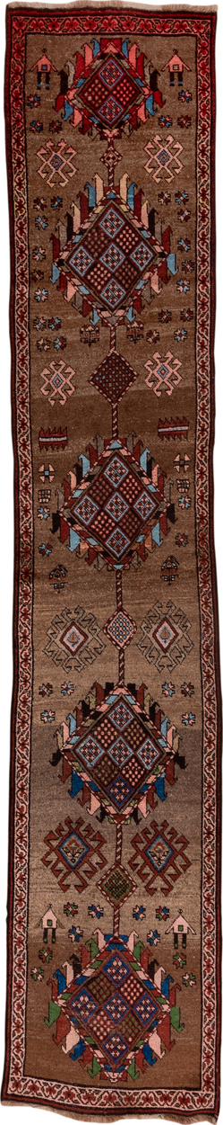 2' x 13' one-of-a-kind handmade vintage NW Persian runner rug. Color palette: pink, brown, gray, blue, red, off-white, fiord