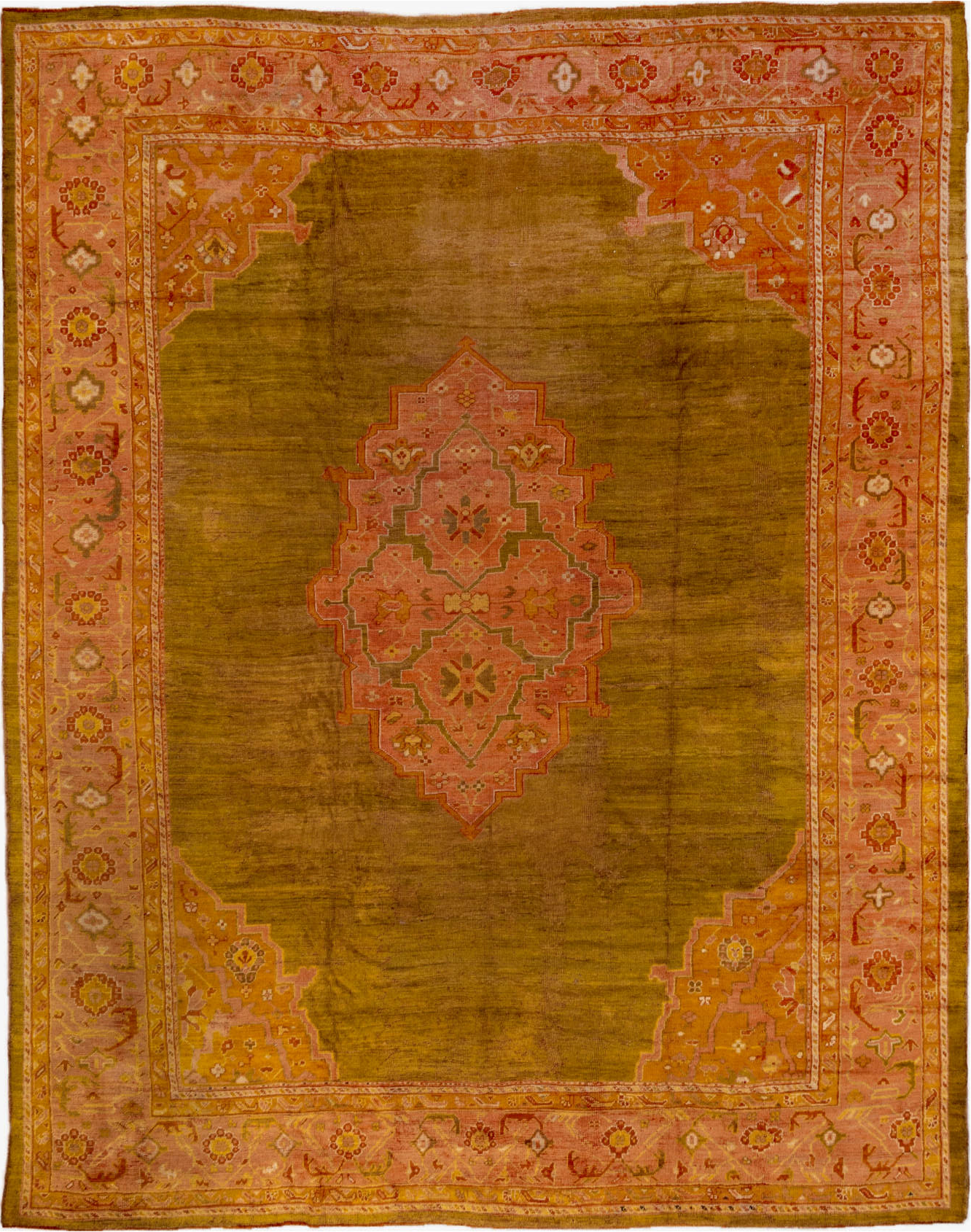 11' x 14' one-of-a-kind handmade vintage Oushak oversize rug. Color palette: brown, orange, peru, pink, red, yellow