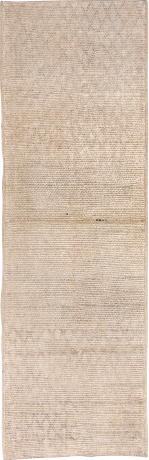 3' x 9' one-of-a-kind handmade vintage Moroccan runner rug. Color palette: brown, gray, light gray, off-white, orange, pink