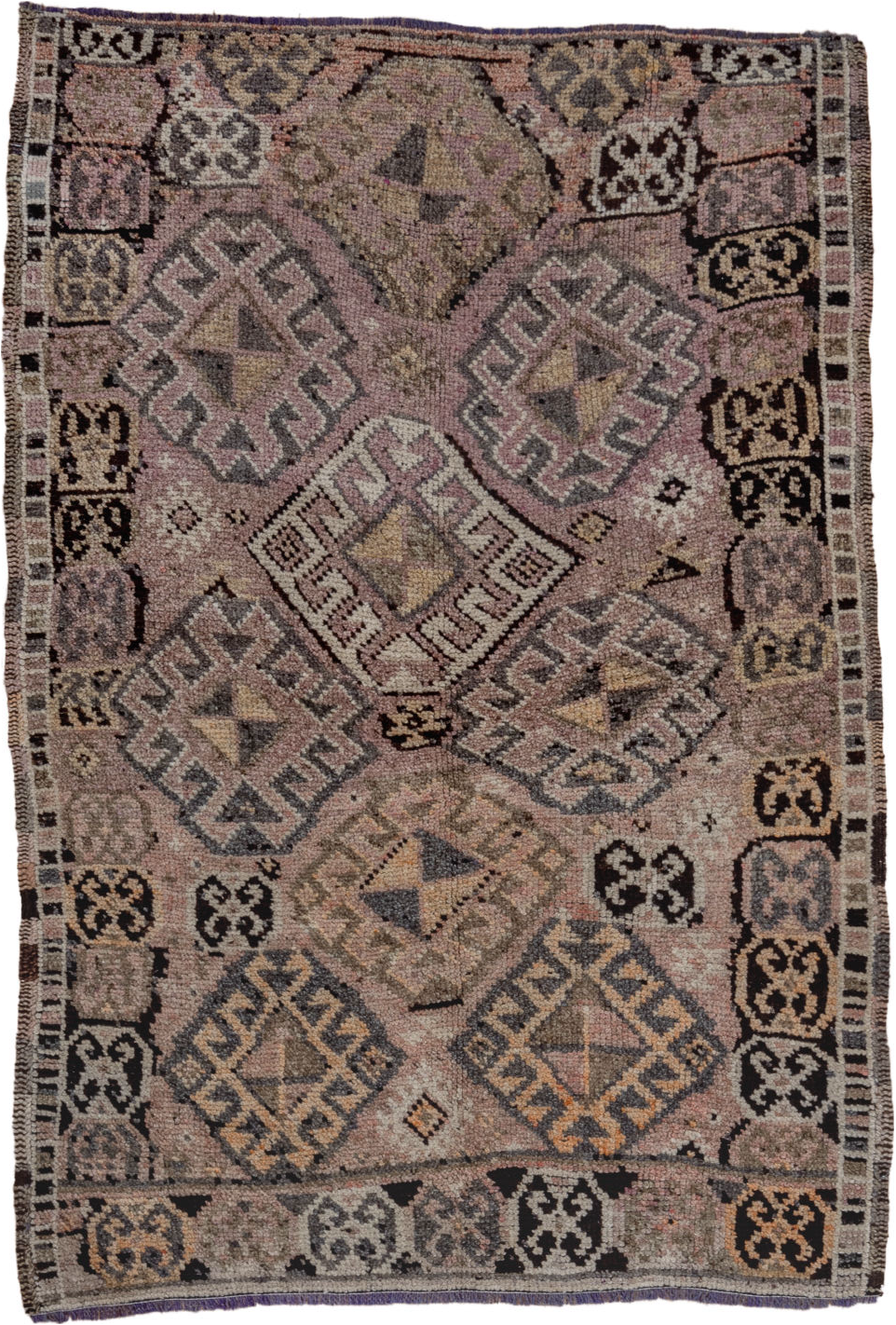 4' x 5' one-of-a-kind handmade vintage Kars small size rug. Color palette: black, brown, charcoal, gray, light gray, pink