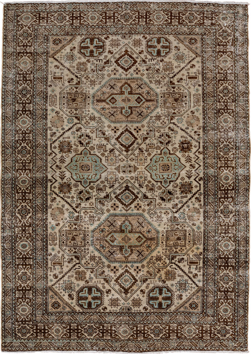 4' x 6' one-of-a-kind handmade vintage  small size rug. Color palette: gray, brown, light gray, off-white