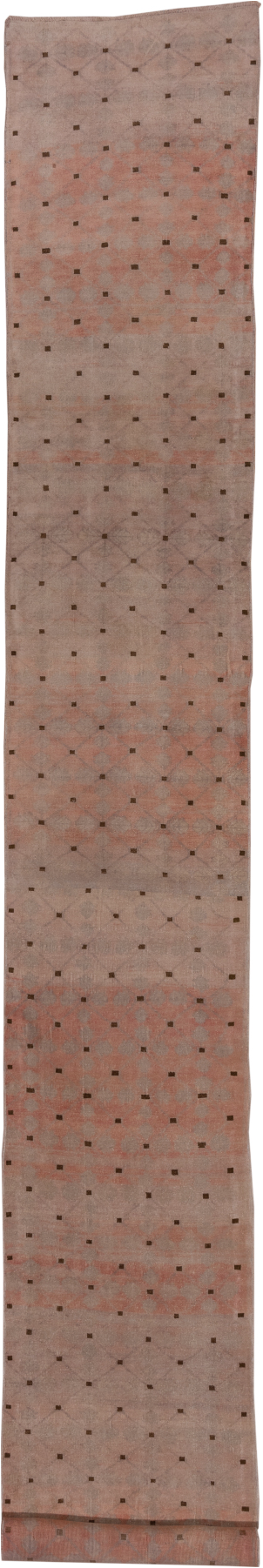 2' x 19' one-of-a-kind handmade vintage Oushak runner rug. Color palette: brown, gray, light gray, off-white, pink, snow