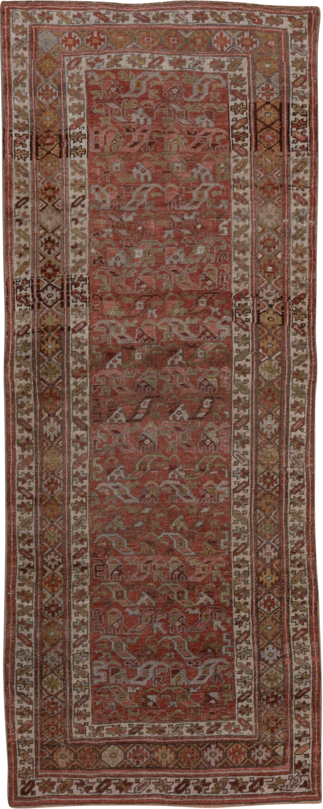 3' x 9' one-of-a-kind handmade vintage Bidjar runner rug. Color palette: brown, gray, pink, red