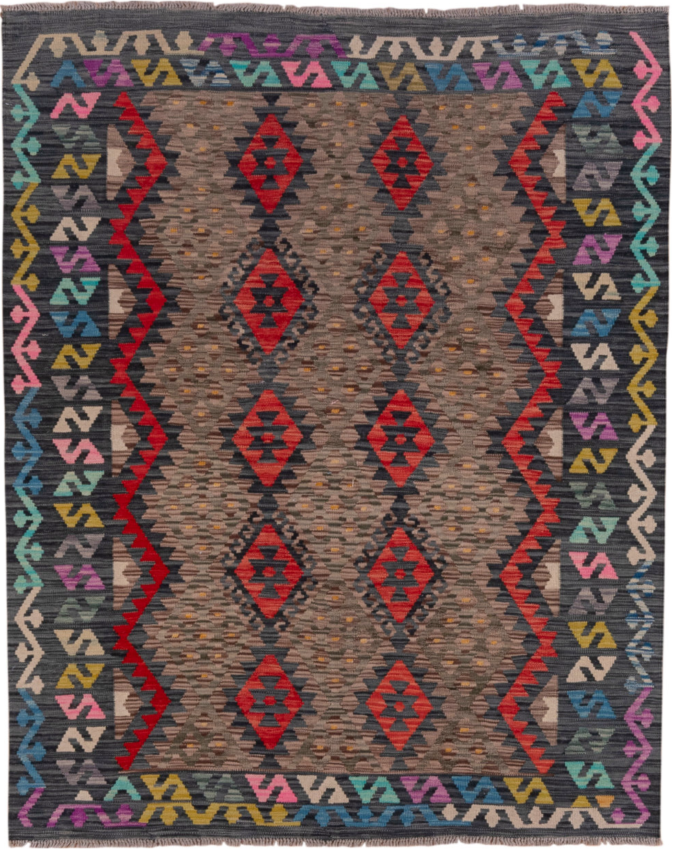 5' x 6' one-of-a-kind handmade vintage Kilim rug. Color palette: black, blue, brown, charcoal, dim gray, gray, pink, red