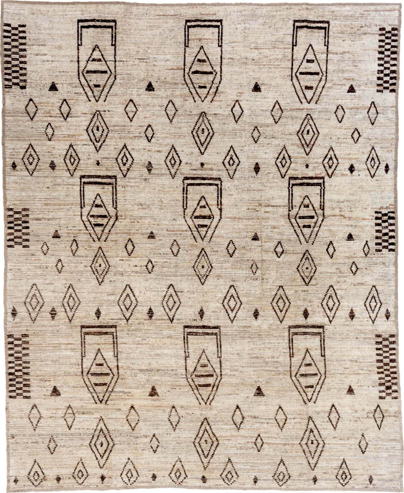 9' x 11' one-of-a-kind handmade vintage Tulu large size rug. Color palette: brown, off-white, gray, pink, light gray, black