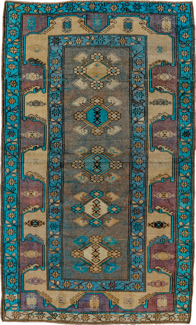 4' x 6' one-of-a-kind handmade vintage Anatol small size rug. Color palette: black, brown, blue, green, gray