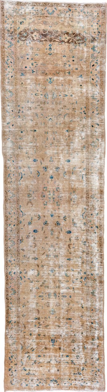 3' x 13' one-of-a-kind handmade vintage Tabriz runner rug. Color palette: brown, gray, off-white, light gray, pink, blue