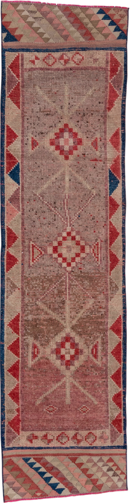 2' x 9' one-of-a-kind handmade vintage Oushak runner rug. Color palette: blue, brown, gray, pink, red
