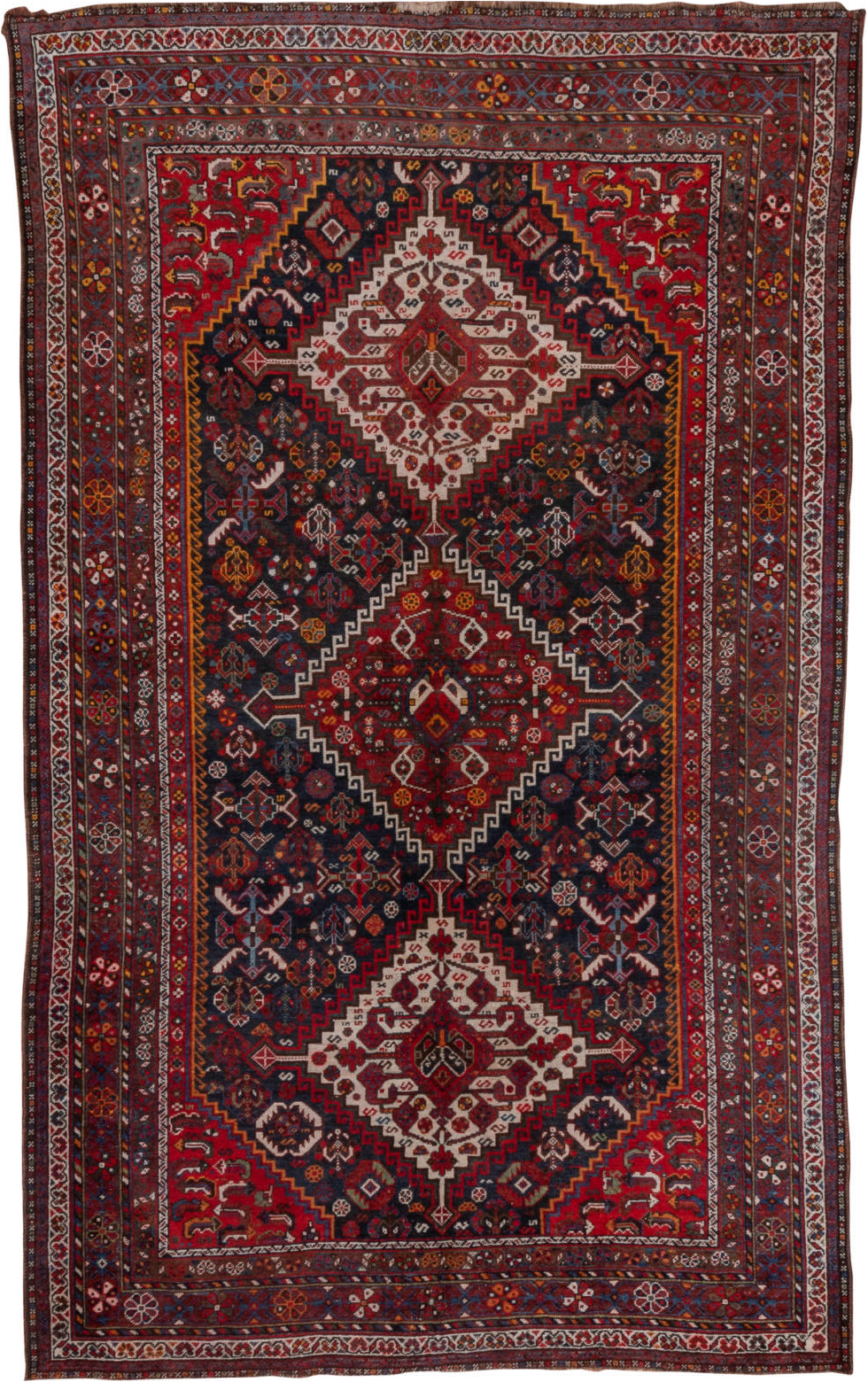 5' x 8' one-of-a-kind handmade vintage Shiraz medium size rug. Color palette: black, blue, brown, burgundy, gray, light gray