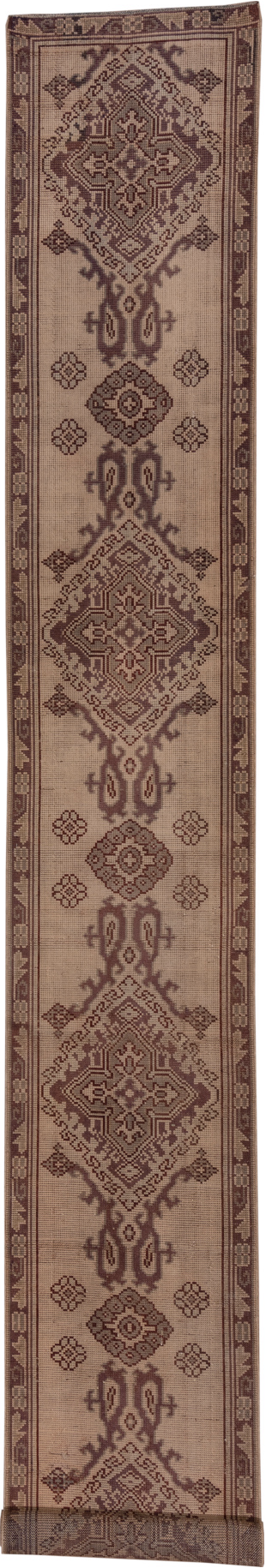 2' x 18' one-of-a-kind handmade vintage Oushak runner rug. Color palette: brown, gray, off-white, pink, snow, white