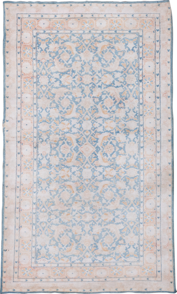 4' x 6' one-of-a-kind handmade vintage Agra small size rug. Color palette: gray, light blue, off-white, light gray, brown