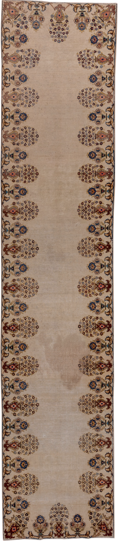 2' x 13' one-of-a-kind handmade vintage Tabriz runner rug. Color palette: black, brown, dim gray, gray