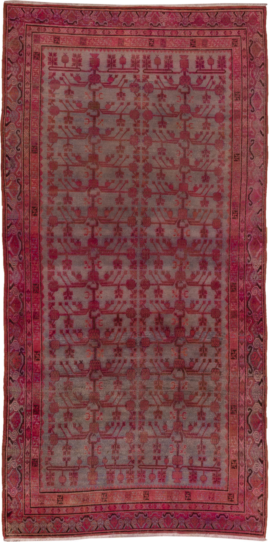 6' x 13' one-of-a-kind handmade vintage Khotan large size rug. Color palette: brown, gray, pink, red, wine