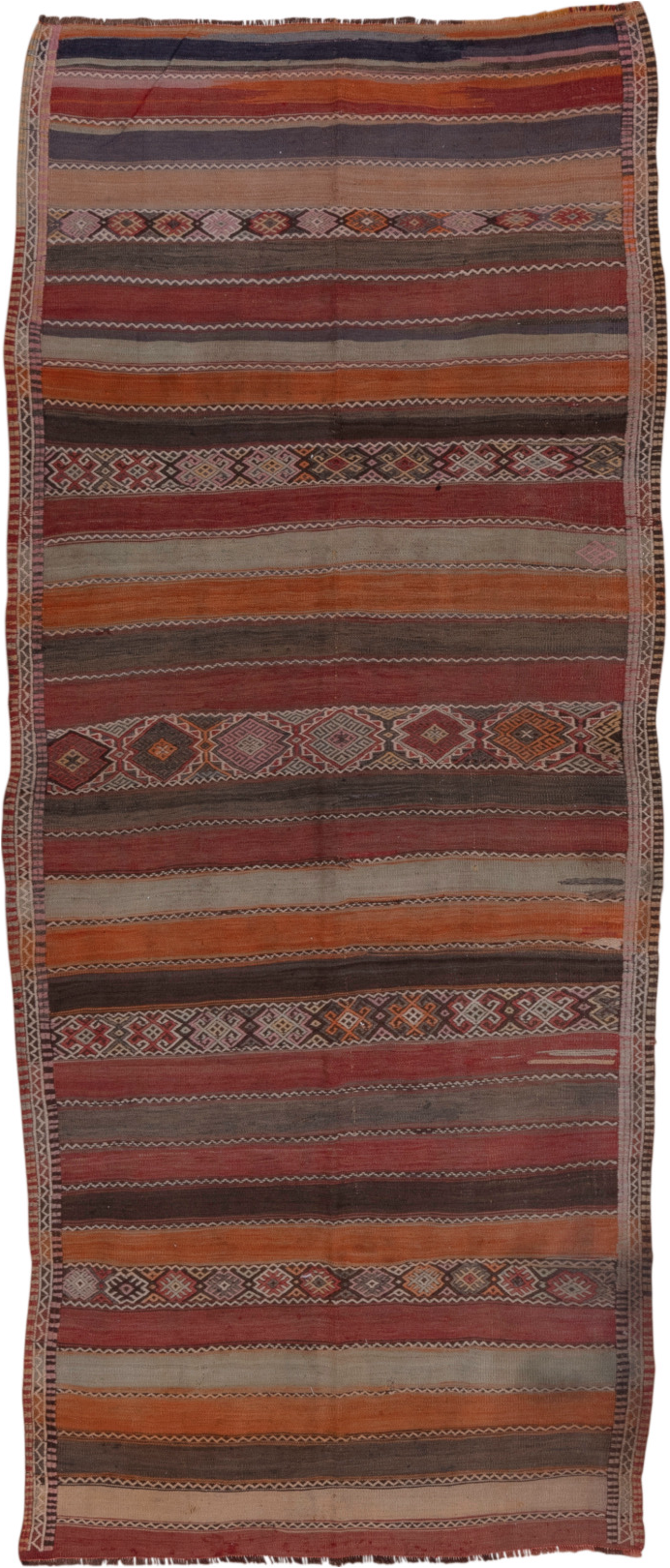 4' x 10' one-of-a-kind handmade vintage Jijim runner rug. Color palette: brown, gray, pink, red, redwood