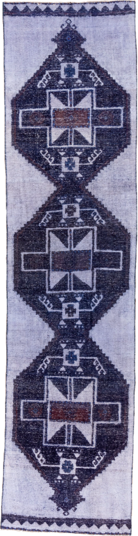 3' x 12' one-of-a-kind handmade vintage Oushak runner rug. Color palette: blue, gray, light blue, light gray, off-white