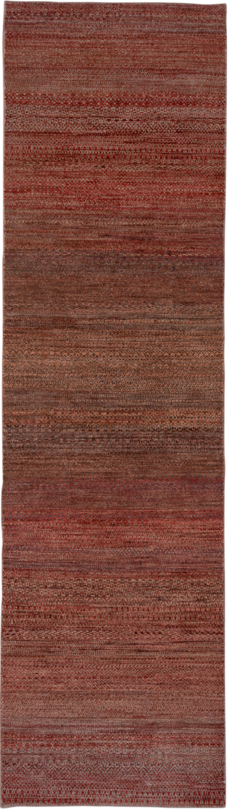 2' x 10' one-of-a-kind handmade vintage Gabbe runner rug. Color palette: brown, off-white, pink, red, redwood, snow, white