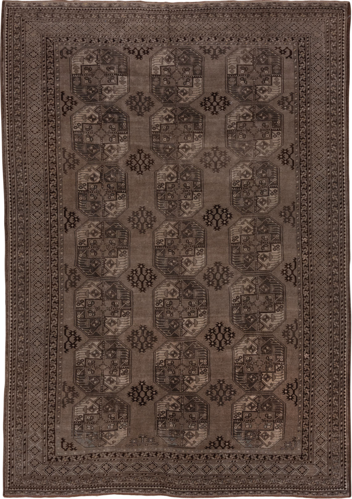 8' x 12' one-of-a-kind handmade vintage Afghan large size rug. Color palette: brown, gray, light gray, off-white, pink, snow