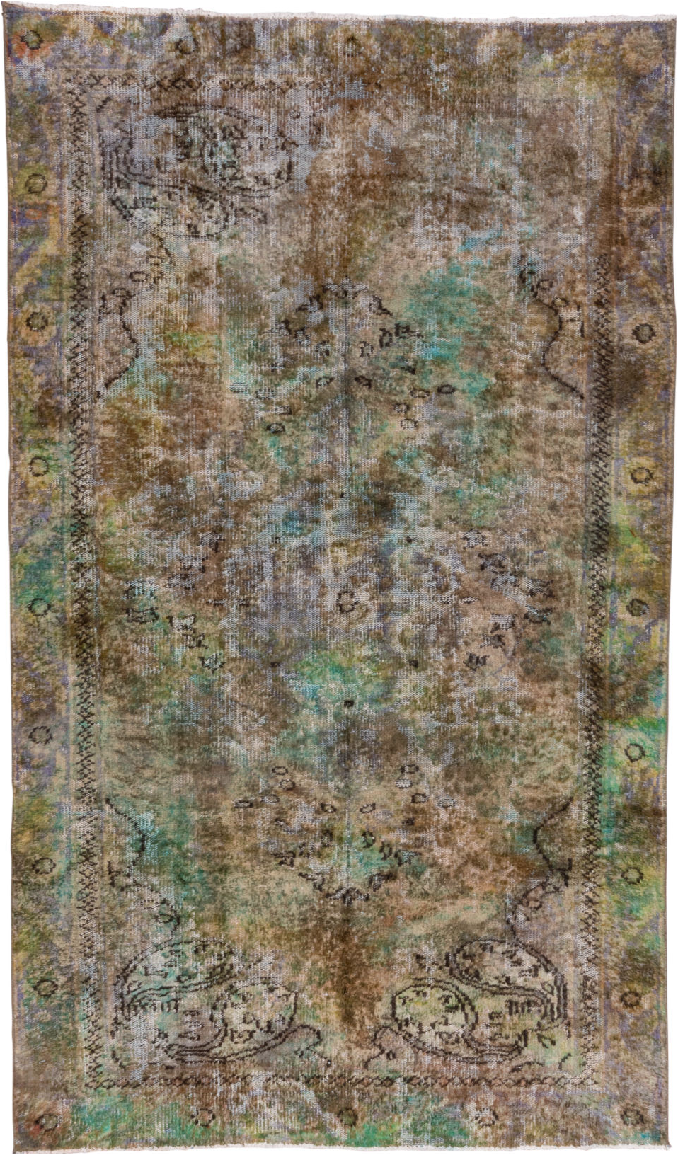 5' x 9' one-of-a-kind handmade vintage Overdyed medium size rug. Color palette: brown, gray, light gray, off-white, silver