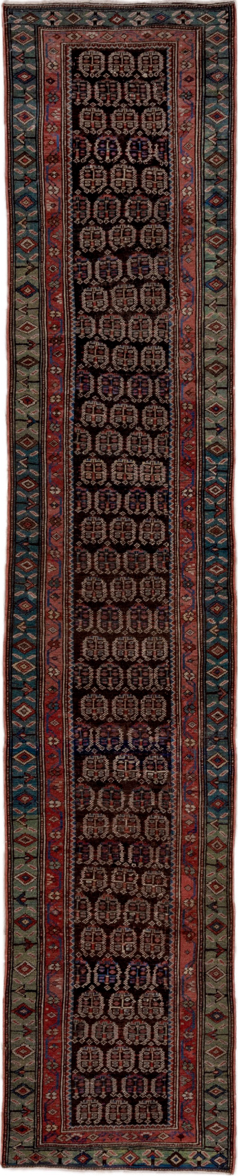 2' x 12' one-of-a-kind handmade vintage Caucasian runner rug. Color palette: black, brown, charcoal, gray, off-white, pink