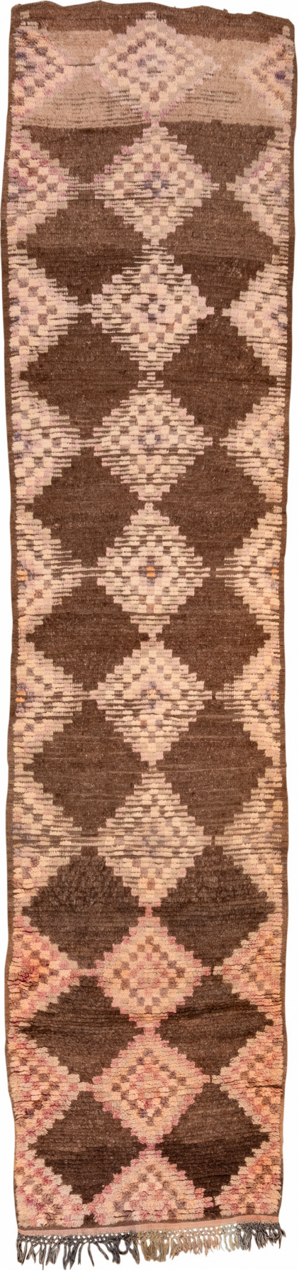 3' x 14' one-of-a-kind handmade vintage Moroccan runner rug. Color palette: brown, orange, pink