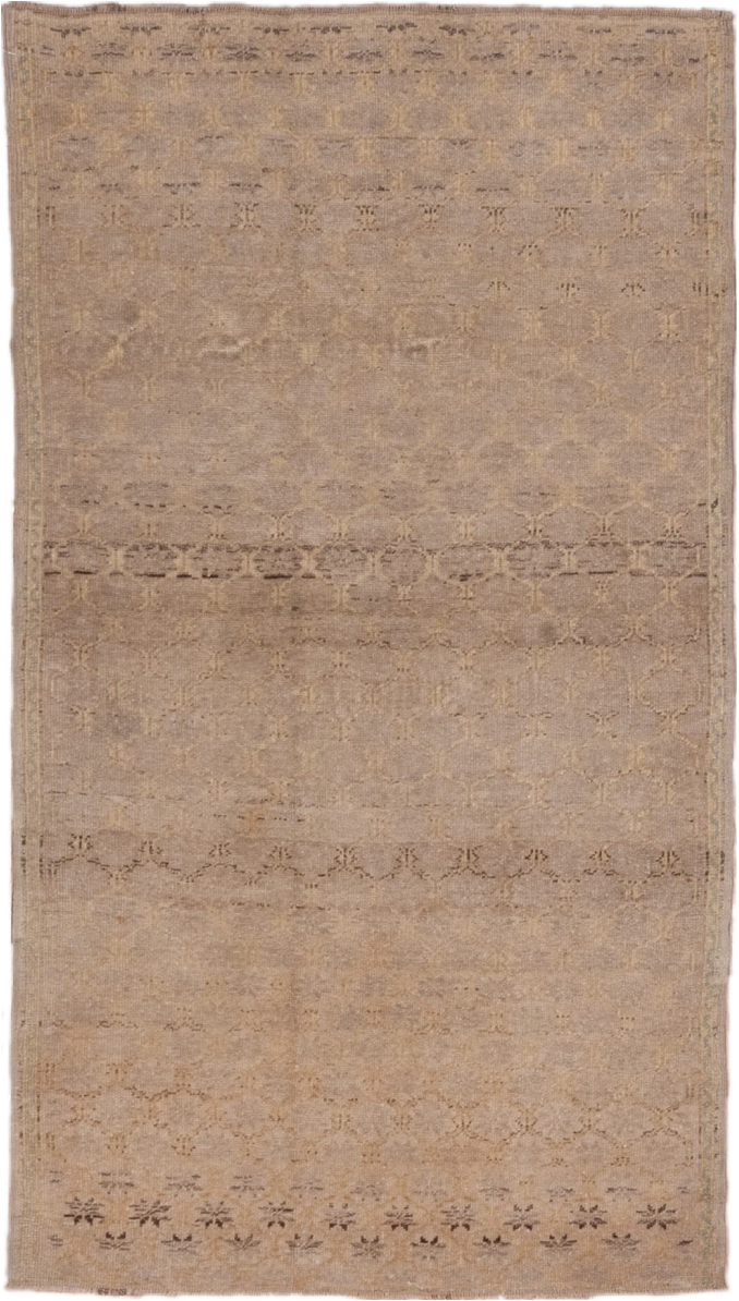 3' x 5' one-of-a-kind handmade vintage Oushak small size rug. Color palette: brown, gray, light gray, off-white, pink, snow