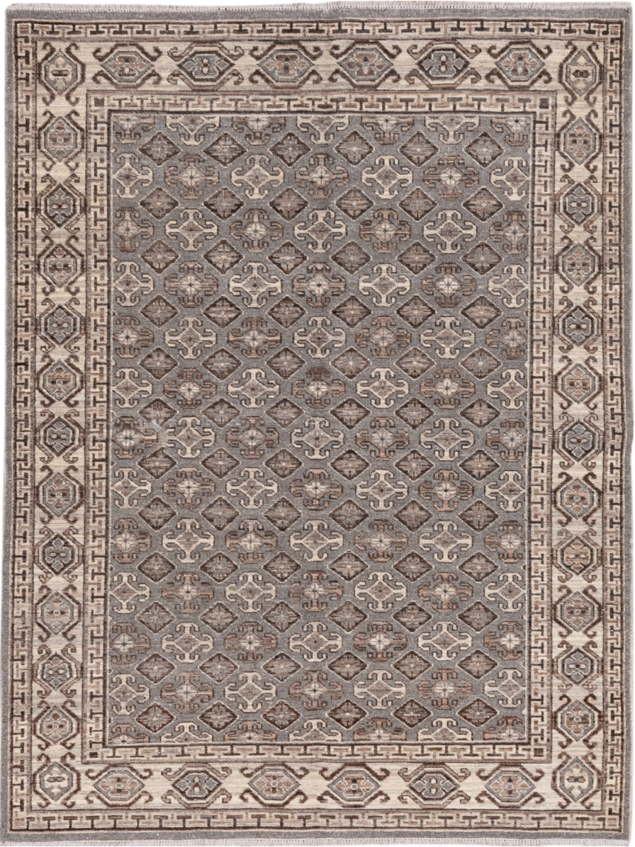 4' x 6' one-of-a-kind handmade vintage Khotan small size rug. Color palette: brown, dark gray, gray, light gray, off-white
