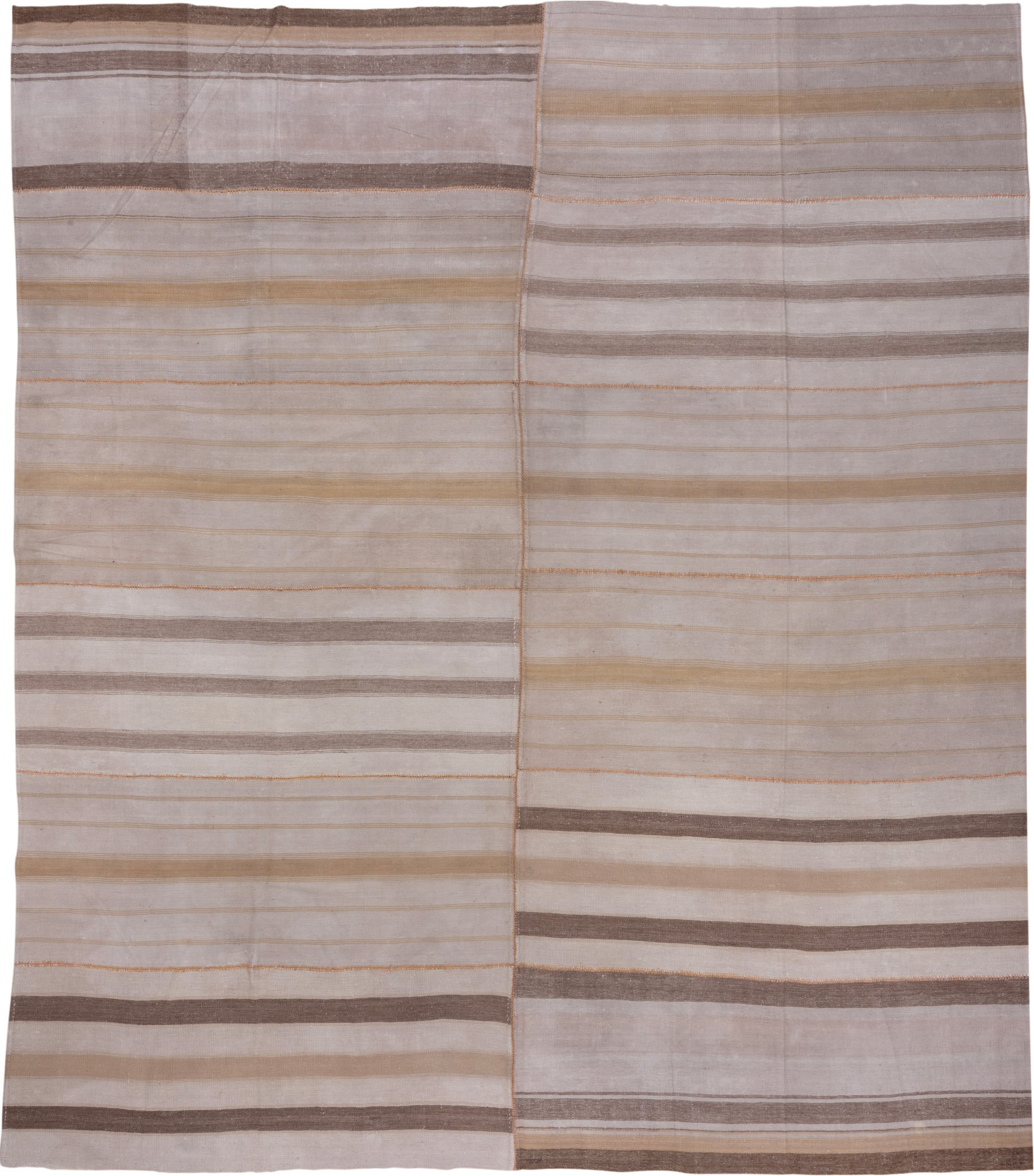 12' x 14' one-of-a-kind handmade vintage Flatweave oversize rug. Color palette: gray, light gray, pink, silver